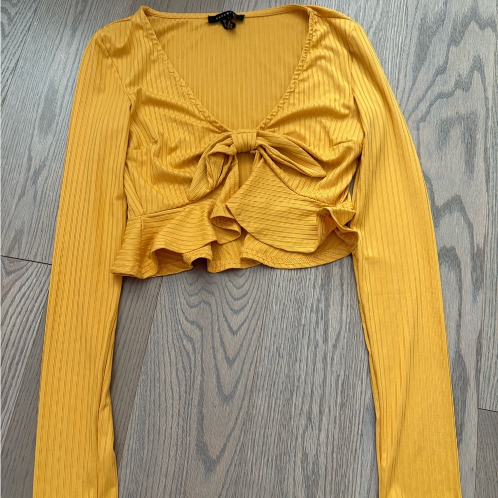 Revamped Gold Ribbed Tie Front Crop Blouse
